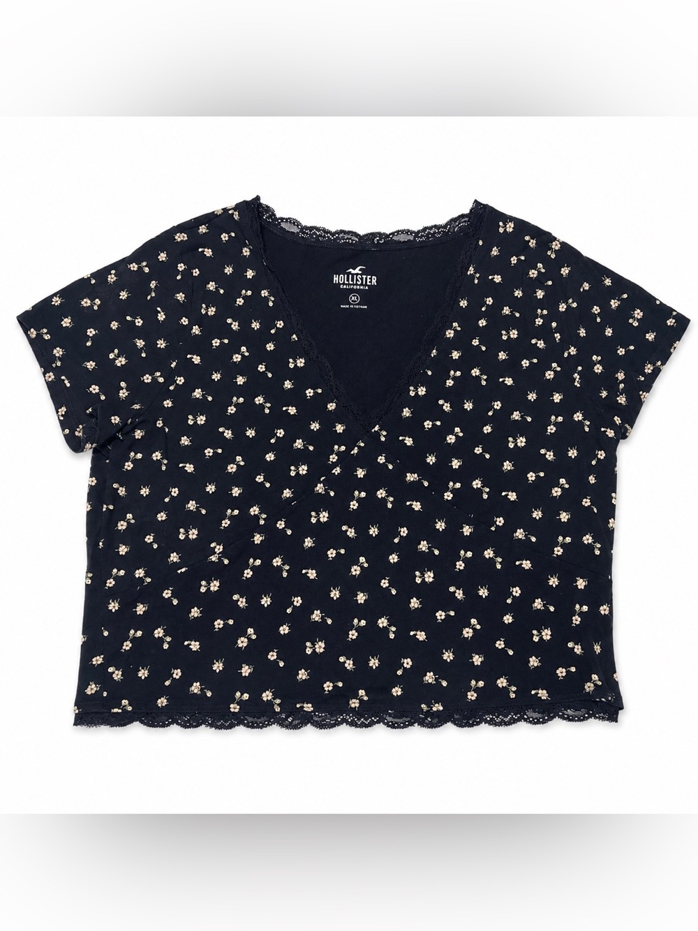 Hollister XL Navy Blue Floral Lace V-Neck Short Sleeve Y2K Cottagecore Coquette